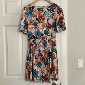 Mango pink floral dress flowy sleeve with pockets size 2